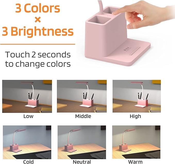 AXX Cute Desk Lamp, Pink Table Light for Women, Teen Girls, Adjustable LED, Small, Rechargeable, Battery Operated, Touch Control, Gooseneck, Home Office Accessories, College Dorm Essentials