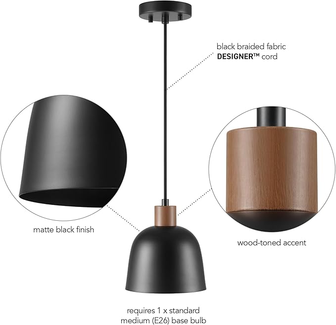 Globe Electric 67000193 1-Light Pendant Lighting, Matte Black, Wood-Toned Accent on Socket, 5ft Black Fabric Cord, Home Improvement, Kitchen, Living Room, Hanging Ceiling Light