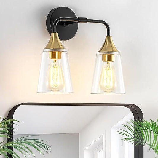 2-Light Bathroom Vanity Light, Black and Gold Bathroom Lighting Fixtures Over Mirror with Clear Glass Shades, Modern Hardwired Wall Sconce Light for Bedroom Hallway