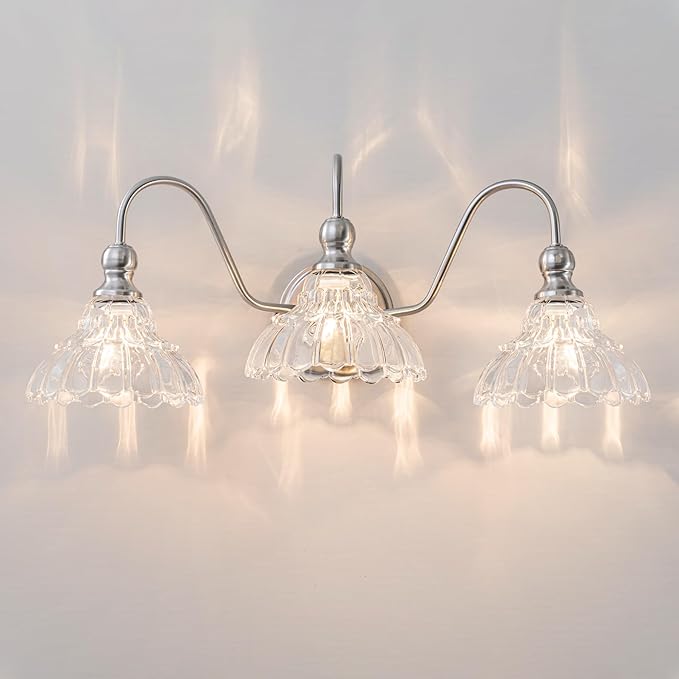 Vintage Bathroom Light Fixtures Over Mirror, 3-Light Brushed Nickel Wall Sconce Lighting with Flower Glass Shade, Farmhouse Vanity Lights for Bedroom Kitchen Living Room Hallway Light