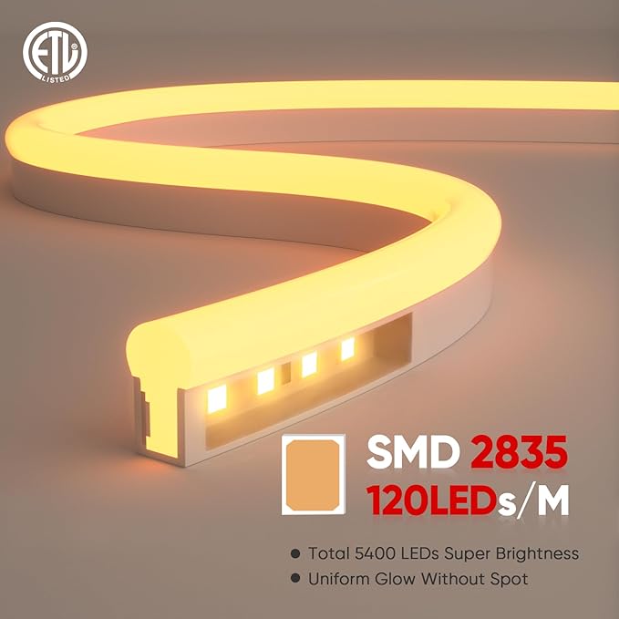 Shine Decor LED Neon Rope Lights AC 120V, ETL-Listed Flexible 120LEDs/M Dotless Strip Lighting, Custom Cuttable & IP65 Waterproof for Indoor Outdoor, 7x14.5mm, 3000K Warm White, 150FT