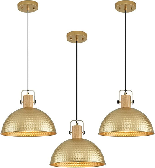 12 Inch Gold Pendant Lights Hammered Matte Pendant Lights for Kitchen Island Industrial Farmhouse Adjustable Height Dome Hanging Light Fixtures for Barn, Dining Room 3 Packs