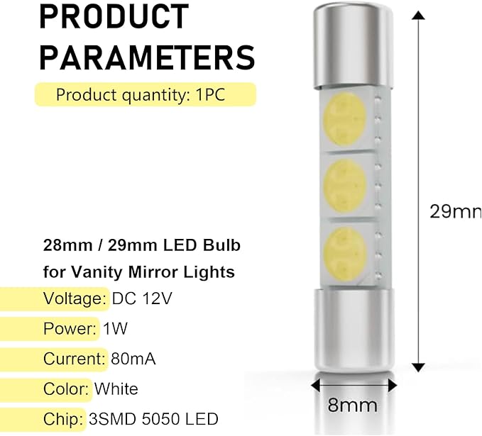 10 PCS Interior Car Lights, T6 5050 3SMD 28mm 12 V LED Bulb, Sun Visor Vanity Mirror Light, Universal for Most Cars, Trucks, SUVs (White)