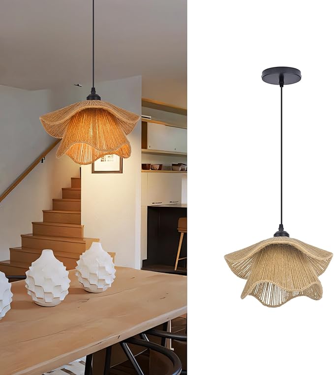 Arturesthome Mini Boho Pendant Light,Woven Twine Chandelier Coastal Hanging Lighting,Adjustable Height Farmhouse Lampshade for Living Room Bedroom Hardwire