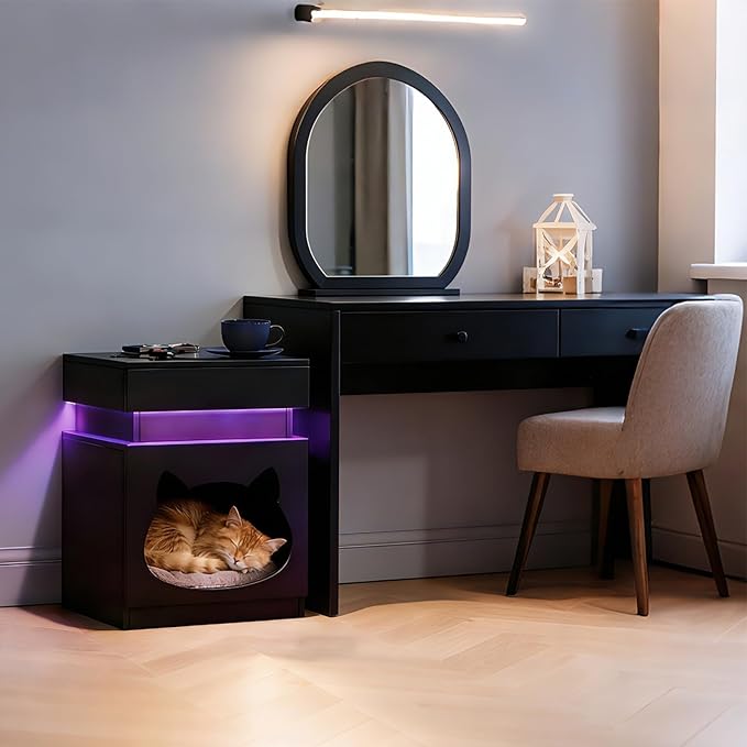 Night Stand with Charging Station, Wooden Bedside Table with LED Lights, Dark Grey Nightstand with Sliding Drawer, Modern End Table with Storage Space for Bedroom, Office, Courtyard