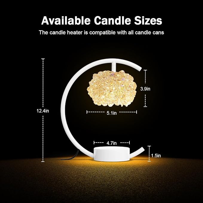 White Candle Warmer Lamp for Jar Candles with Adjustable Brightness＆Timer，Handcrafted Crystal＆Wooden Base,Candle Lamp Luxurious Design+2Bulbs,Home Decoration Electric Candle lamp(C-Shaped)