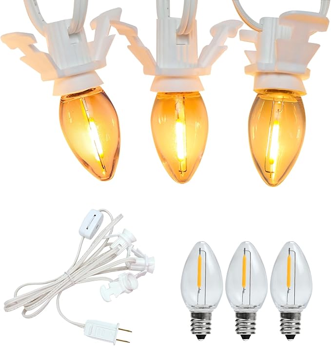 LED Accessory Cord with 3 LED Night Light Bulbs - White Cord with On/Off Switch Plugs - C7 led Bulb Warm White with Spare Fuse for Holiday Decoration and Craft Village House Decoration