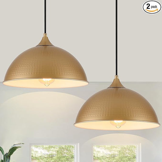 Pendant Lighting for Kitchen Island, 2 Pack 12" Dome Pendant Light Fixtures with Gold and White Finish Industrial Hanging Pendant Light for Dining Room