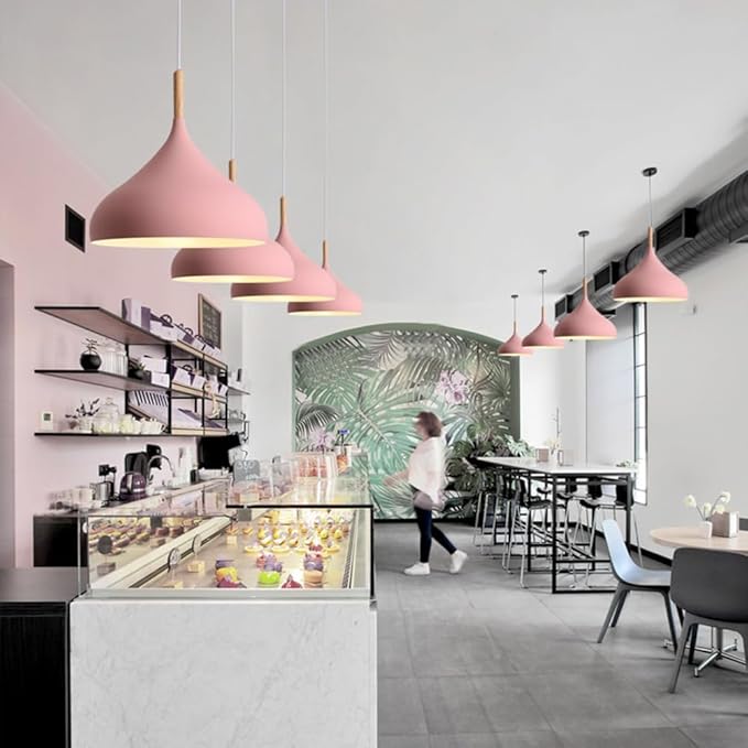 Creative Colorful Wood Metal Pendant Light, Nordic Modern Hanging Light Fixture, Single Rustic Farmhouse Pendant Lamp, Simple Retro Pendant Lighting for Kitchen Island Dining Table (Pink,16.5in)