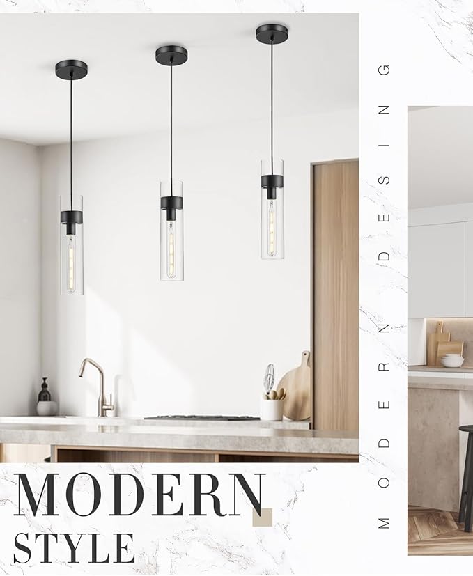 3 Pack Black Pendant Lights Kitchen Island (Bulbs Included), Adjustable Modern Glass Pendant Light Over Island, Industrial Pendant Light Fixtures for Dining Room Hallway Bedroom Living Room