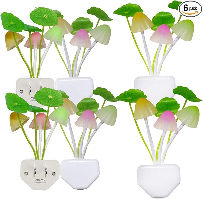 AUSAYE Plug in Night Light, Lotus Leaf Style Mushroom Light LED Nightlights for Kids, Adults, Bedroom, Bathroom,Hallway, Stairs, Kitchen Pack of 6