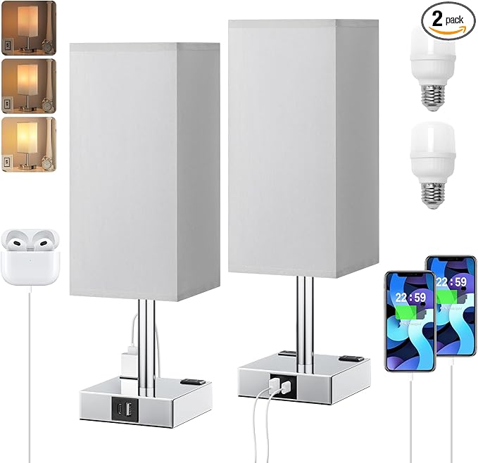 Touch Bedside Table Lamp Set of 2-3-Way Dimmable Night Lamp with USB A + Type C Charging Ports and Two AC Outlets, Small Desk Light with E26 LED Bulb for Bedroom Living Room Dorm Office
