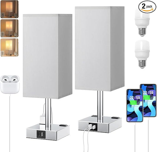 Touch Bedside Table Lamp Set of 2-3-Way Dimmable Night Lamp with USB A + Type C Charging Ports and Two AC Outlets, Small Desk Light with E26 LED Bulb for Bedroom Living Room Dorm Office