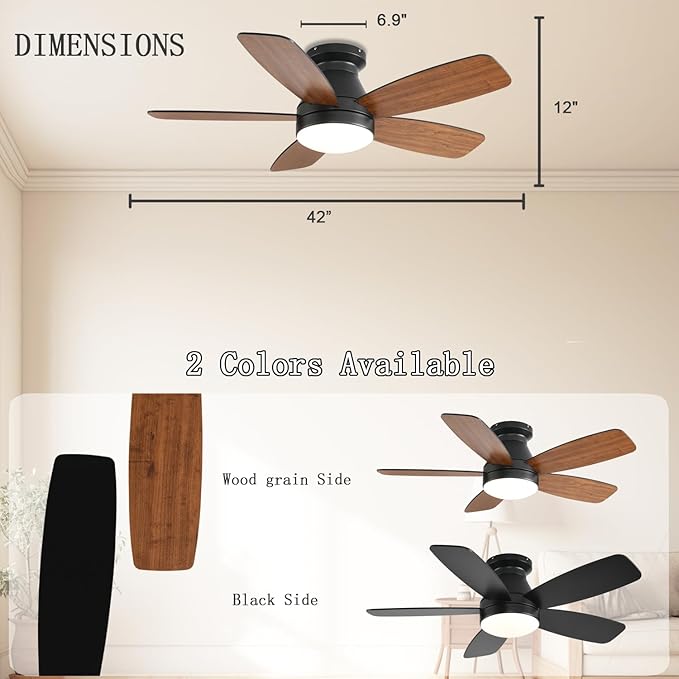 Ceiling Fans with Lights, 42 Inch Low Profile Ceiling Fan with Light and Remote/App Control, Flush Mount, Reversible, 3CCT, Dimmable, Noiseless, Brown Ceiling Fan for Indoor/Outdoor Use