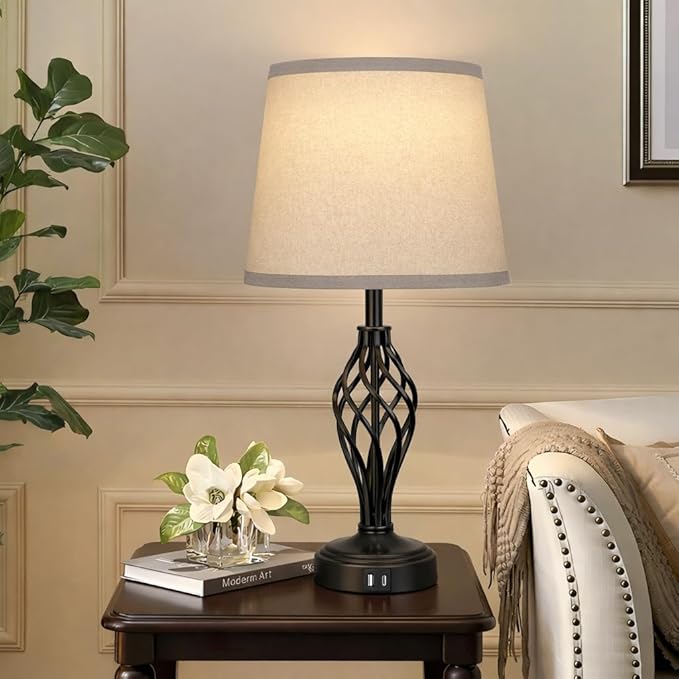 Touch Table Lamps Set of 2, nightstand lamp with USB Ports Bedside 3 Way Touch dimmer Desk lamp for Living Room Bedroom,Black Painted Spiral cage Base Design Warm White dimmer Bulbs Included.