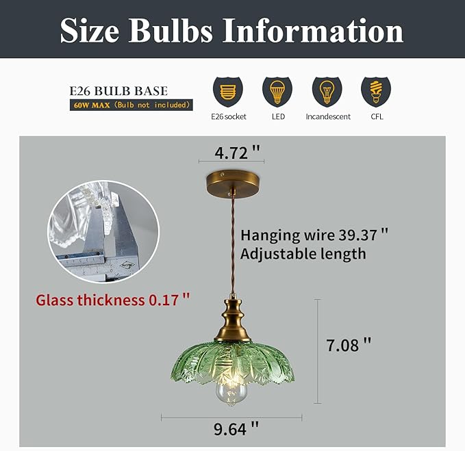 1-Light Pendant Light with Brass Gold Metal Green Glass Shade and Adjustable Cord Industrial Ceiling Hanging Light for Kitchen Island Bar Dining Room Bedroom Foyer Hallway Farmhouse