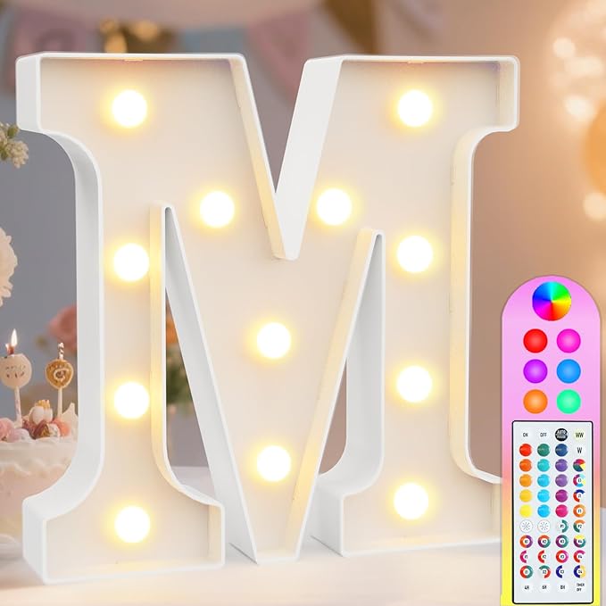 Pooqla Colorful Light Up Letters with Remote, Upgraded 35 Colors LED Marquee Letters, RGB Lighted Letter for Girls Teenager Gift Birthday Party Valentines Day Decorations Gift for Him Her, Letter M
