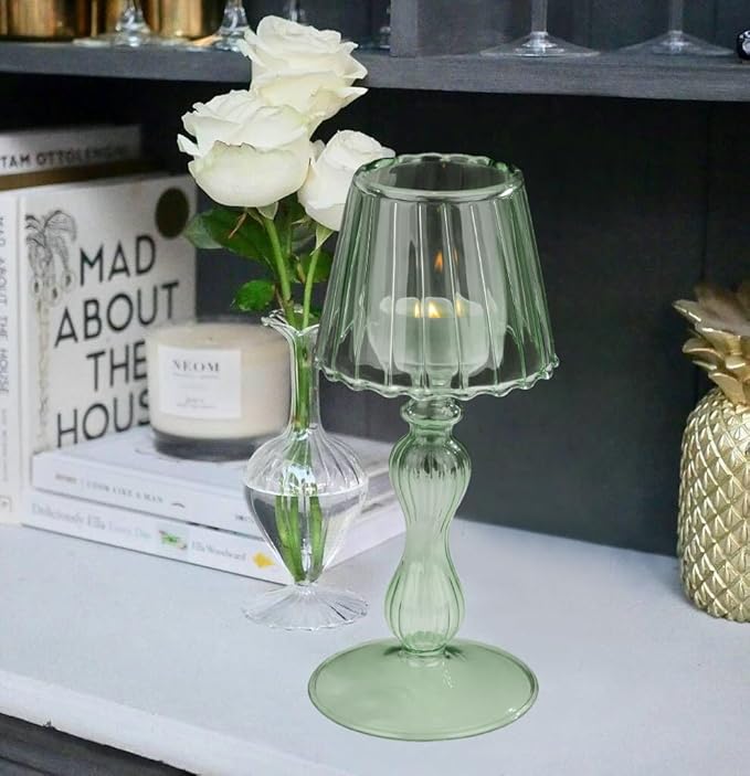 Desk Lamp Shaped Glass Candle Holder - Glass Hurricane Candleholder Crystal Decorative Candle Stand for Table Wedding Dinning Centerpieces Party Supplies Decor DarkGreen