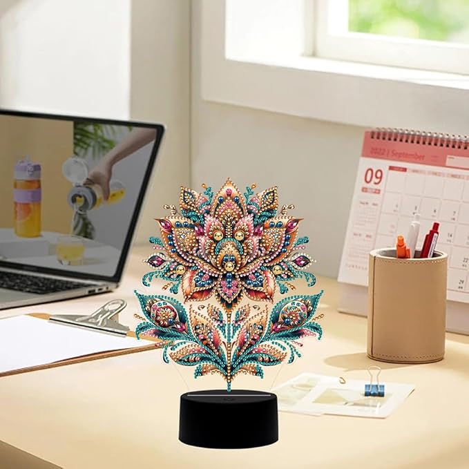Luxurious Flower Diamond Art Painting Night Light,Diamond Art Painting Kits Desktop Touch Lamp Ornaments for Tabletop Decor Diamond Art Accessories for Adult Beginner Bedrooms Living Room