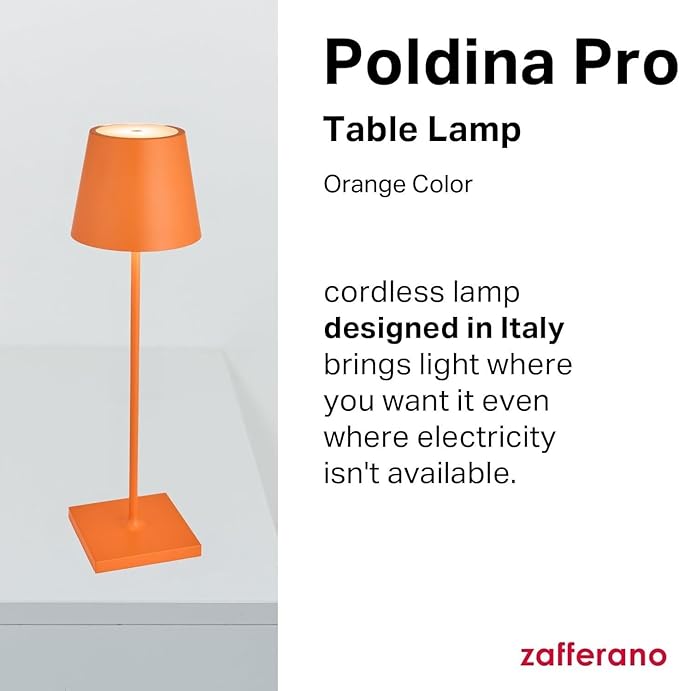 Zafferano, Poldina Pro Lamp, Rechargeable Cordless Table Lamp with Touch Controls, Suitable for Indoor and Outdoor, Dimmer, 2200-3000 K, Height 14.9 Inches, Orange Color