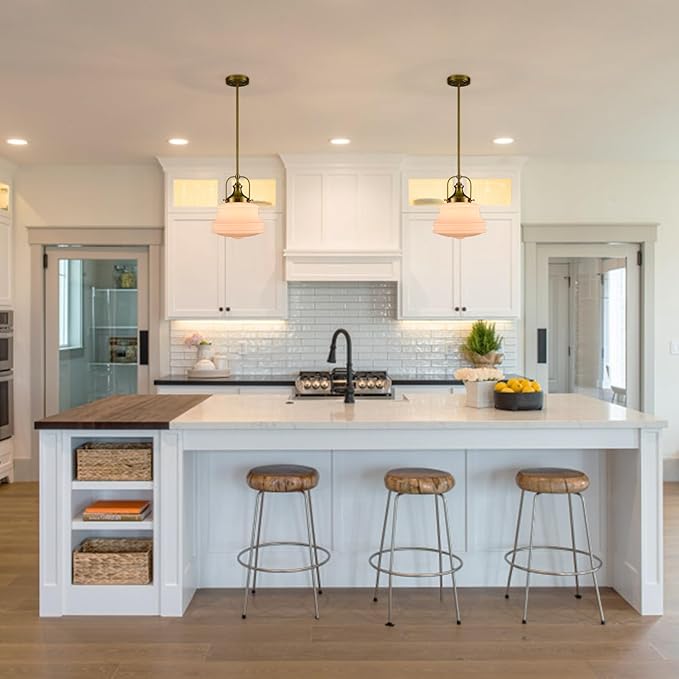 Nautical Gold Pendant Light Fixtures Milk White Glass Schoolhouse Hanging Adjustable Light for Kitchen Bedroom Dining Bathroom