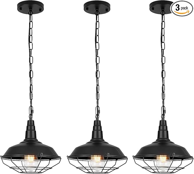 Black Pendant Light Kitchen Island 3 Pack, Farmhouse Pendant Light with Metal Wire Cage, Industrial Hanging Lights for Kitchen Sink Barn Dining Room