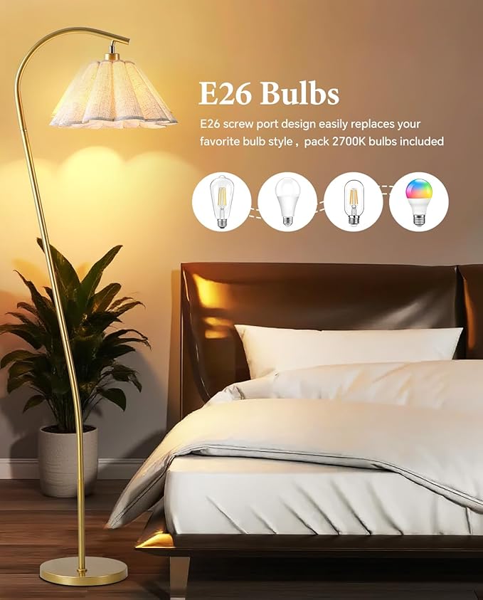 Floor Lamp with Pleated Linen Lampshade, Modern Flower Floor Lamp for Living Room Arc Standing Lamp, Gold Tall Lamp for Bedroom Office Dining Room, Bulb Included (Gold + Flax Color, 66.1IN)