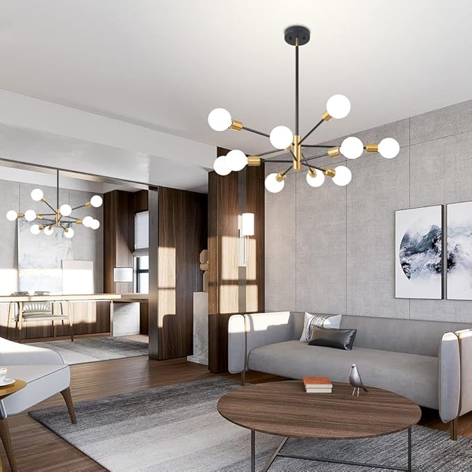 Sputnik Chandeliers Black and Gold Chandelier Modern Pendant Light Fixture Mid Century Industrial Ceiling Lighting 10 Lights for Dining Room, Kitchen, Bedroom, Living Room and Farmhoue