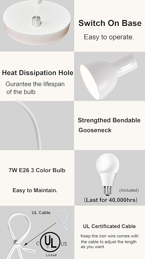 AFORTLO LED Desk Lamp,3 Color Temperature Changeable Table Lamp,Flexible Gooseneck Eye-Caring Book Reading Light for Home Office, Study, Nightlight with Bulb (White)