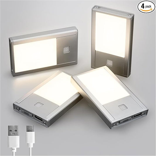 V4light Rechargeable Motion Sensor Night Lights, 4-Pack - Painted Grey Aluminum Alloy, Ultra-Compact Magnetic Mount, 3000K Warm White Glow, Ideal for Hallways, Bedrooms, Stairs & Nightly Use