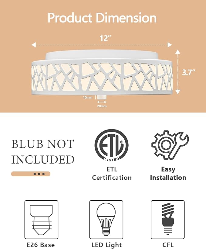 2-Light Flush Mount Ceiling Light, 12 inch Modern Ceiling Light Fixture with White Metal and Frosted Glass Shade for Hallway, Kitchen, Bedroom