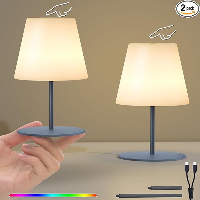 uuffoo 2 Pcs Shower Lamp Rechargeable Table Lamp, Cordless Desk Lamps Bathroom Lamp Touch Warm White and RGB IP44 Shower-Safe, USB-C Cable, Easily Portable for Bedroom Bathroom Balcony Patio (Grey)