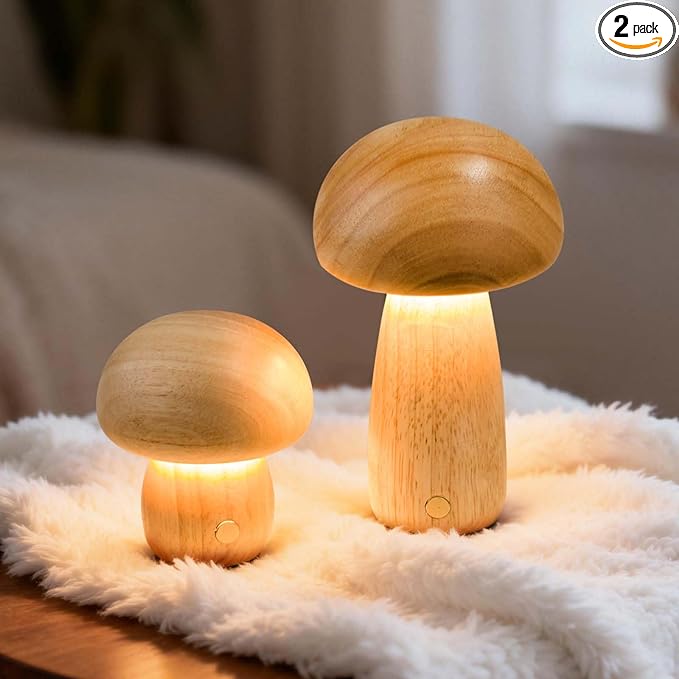 Mushroom Night Lights Rechargeable, Cordless Wooden Mushroom Table Lamps, Portable Desk Lamps for Bedroom, Studyroom, Living Room, Office, Birthday Gifts