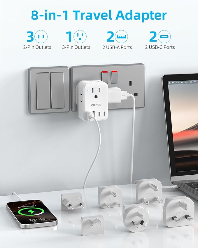 European Travel Plug Adapter Set, 8-in-1 Travel Adapter with 4 AC, 4 USB Ports (2 USB C), US to EU/UK Universal Adapter, International Power Adapter with Type C/G/A/I/D/M Detachable Plugs