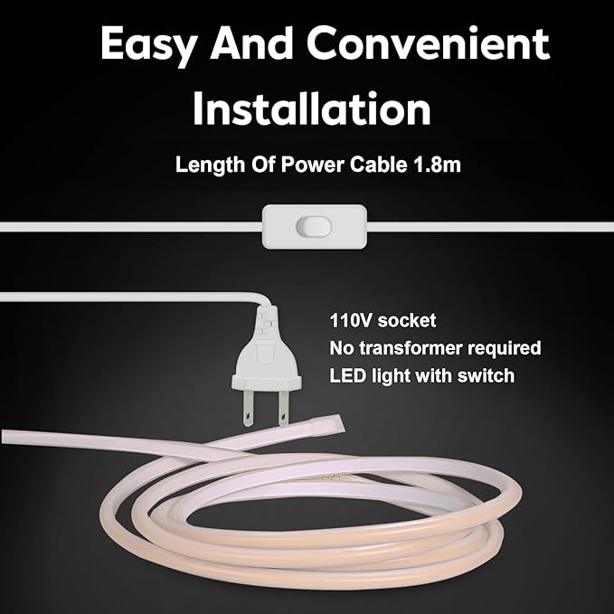 COB Outdoor LED Strip Lights 16.4 ft Waterproof IP67 AC 110V Light Stip Flexible Cuttable LED Lights 320LEDs/m 6000K Cold White with US Plug Indoor Rope Lights for Bedroom Kitchen Cabinet Lighting