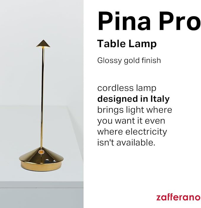 Zafferano, Pina Pro Lamp with Glossy Gold Finish, Rechargeable Cordless Table Lamp with Touch Controls, Usable as an Indoor Lamp, Dimmer, 2200-3000 K, Height 11.4 Inches