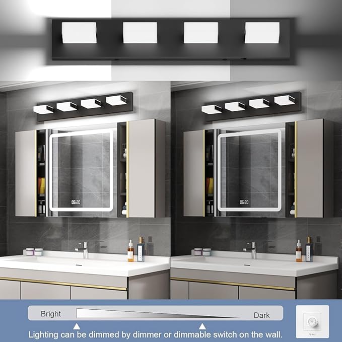 Aipsun 5 Color Temperature 4 Lights Black LED Vanity Lights Dimmable Acrylic Modern Matte Black Bathroom Vanity Lighting Fixtures Bathroom Wall Light Fixtures Over Mirror