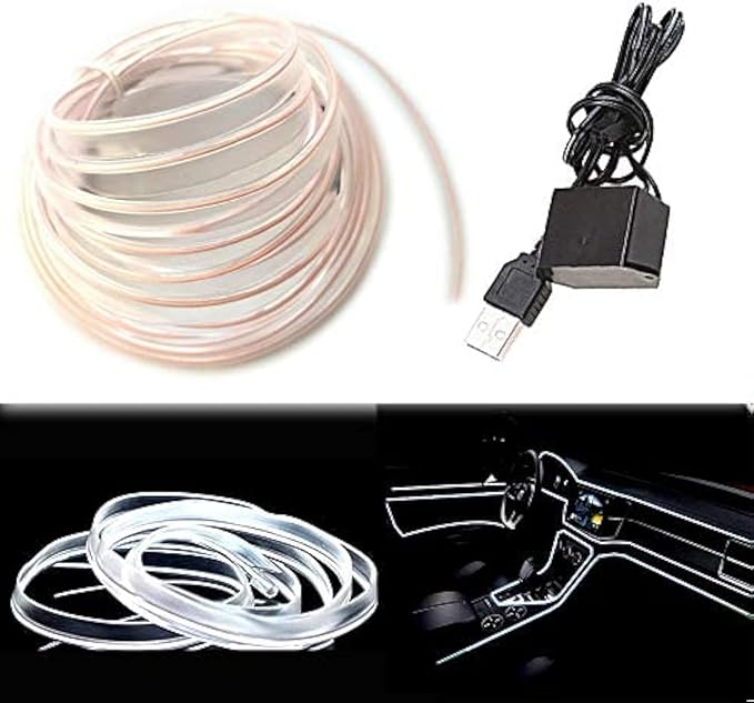 El Wire White Interior Car LED Strip Lights, 3M Neon Wire USB 5V with Fuse Protection for Automotive Interior Decoration, with 6mm Sewing Edge