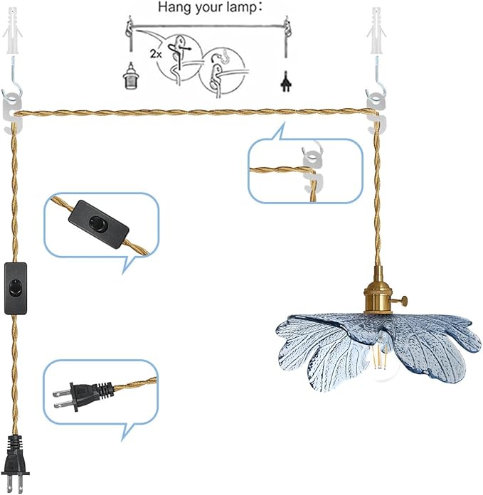 Plug in Pendant Light, Vintage Hanging Light with Plug in Cord On/Off Switch Brushed Brass Pendant Light fixtures with Blue Glass Shade 1-Light Hanging Light for Kitchen Dining Room Bedroom
