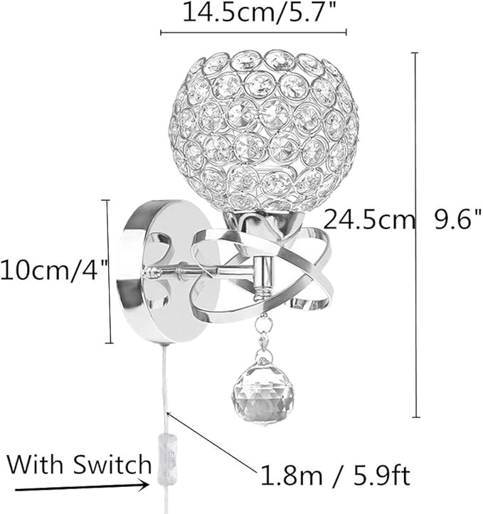 Round Modern Crystal Wall Light Chrome Finish Bedroom Wall Sconce Lighting Fixture with Plug and Cord Switch, E26 Socket