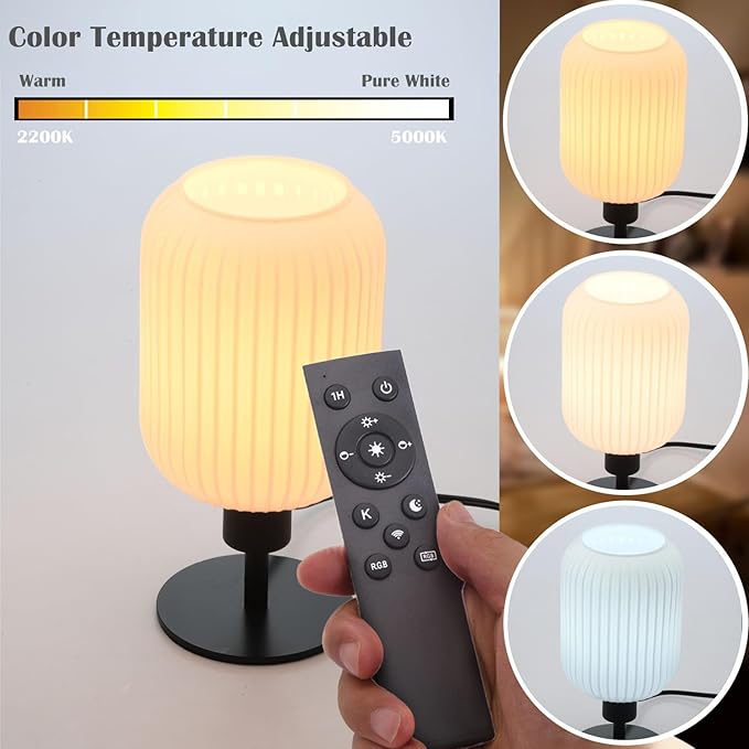 Mid Century Glass Table Lamp,Dimmable Desk Lamp,LED Bulb Included,Remote RGB Color Changing,White Ribbed Glass