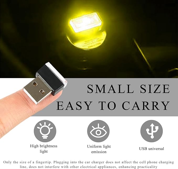 4 PCS USB LED Car Interior Atmosphere Lamp, Portable Plug-in 5V USB Car LED Interior Lighting Night Lamp, Mini USB Ambient Lighting Decor for Home Car Laptop Keyboard (Yellow)