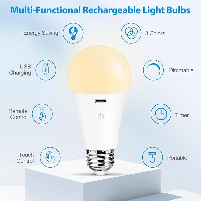 Rechargeable Light Bulbs with Remote Control and USB Charging; Dimmable Battery Operated Light Bulbs with 3 Color Temps and 4 Timer; A19 Wireless Light Bulbs for Sconce, Not-Hardwired 4 Pack