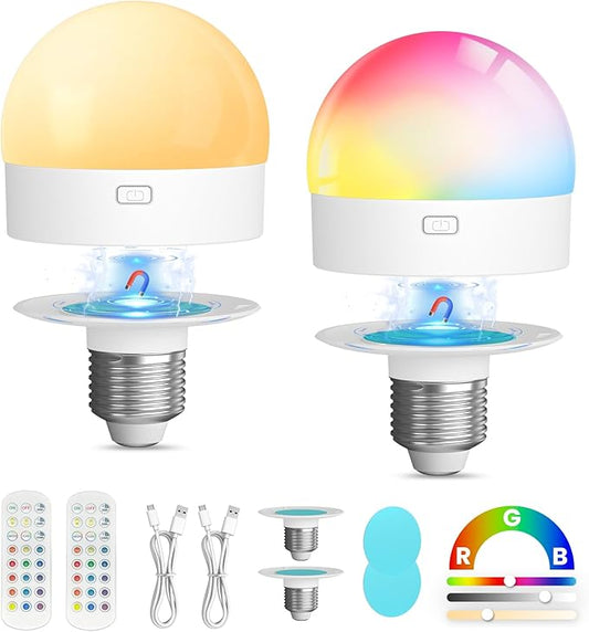 UNILAMP Rechargeable Light Bulbs for Lamps: 3000mAh E26 Battery Operated Bulb with Remote & Timer, 3 Color Temperature+12 RGB Magnetic Dimmable Puck Lights for Sconce, Non-Hardwired 2 Pack
