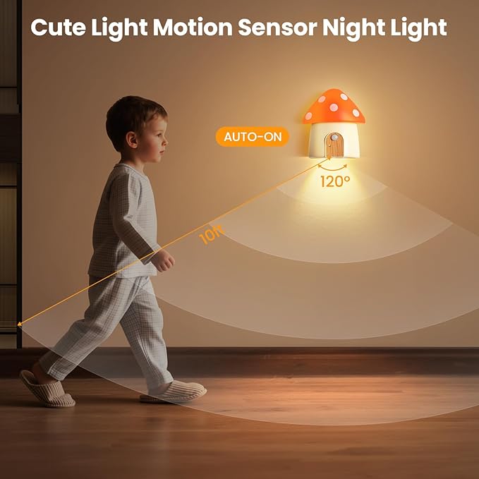 Cute Mushroom Light, Rechargeable Stair Lights, Motion Sensor Light Indoor, 3 Color Temperatures, Adjustable Brightness, Magnetic Nightlight for Hallway, Stairway, Kids Gift, Orange, 2 Pack