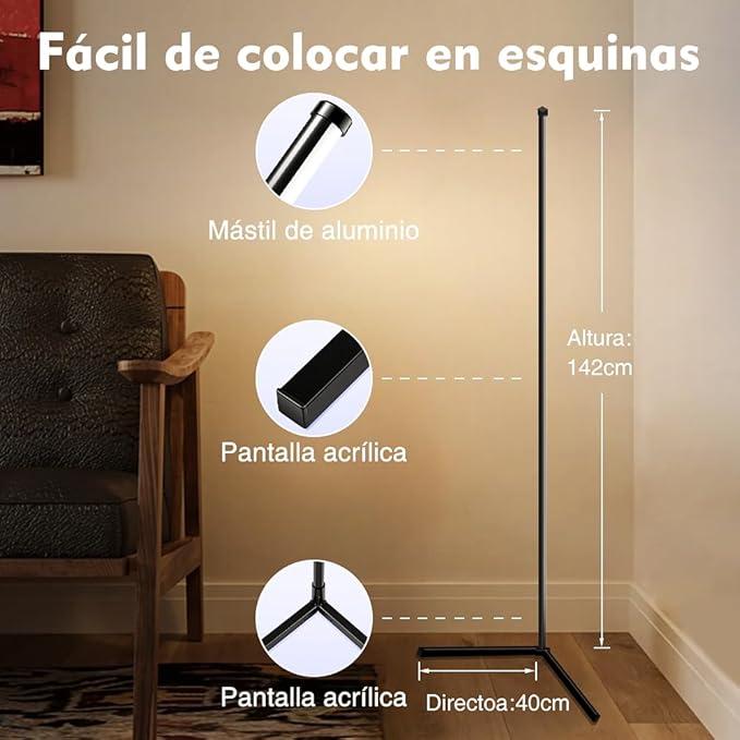 YHW RGB Corner Floor Lamp, Smart App and Remote Control Color Changing Ambience Light Music Sync, LED Lamp with 16 Million Colors for Bedroom, Living Room Gaming Room.