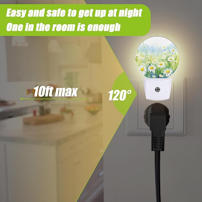 White Daisies Watercolor Night Light,Abstract Floral Plug-in Night Lights with Dusk-to-Dawn Sensor for Bedroom Bathroom and Living Room Sleep Friendly lamp