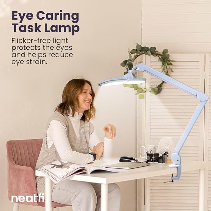Neatfi Elite HD XL LED Desk Lamp, 3 Light Modes, 90PCS SMD LED, Non-Polar Dimming, Bright Eye-Caring Lighting for Home Office, Drafting, Beauty Shop, Workbench (CCT with Clamp, Green Ring, 17 Inches)