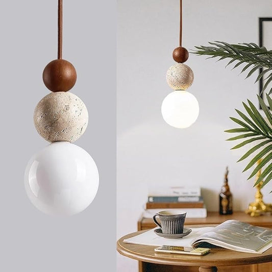 Natural Stone & Wood Pendant Light Fixture | Spherical Milk Glass Hanging Lamp | Modern Organic Ceiling Light | Adjustable Bedside Suspension Light for Dining Room, Kitchen Island, Bedroom(Walnut)