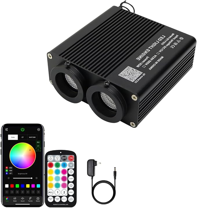 AZIMOM Dual Color 32W Sound Activated Fiber Optic Light Source RGBW Light Box Engine Diver Bluetooth/RF Remote Control Music Sensor Mode for Car Home Star Ceiling Decoration